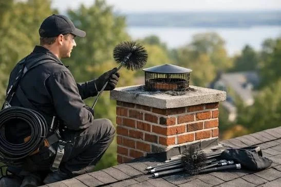 Chimney professional checking a residential chimney cap from the roof