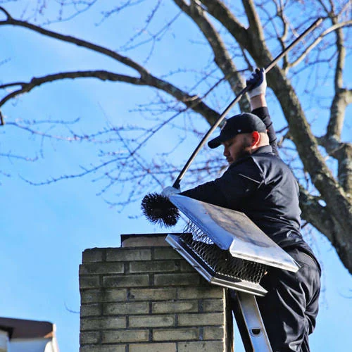 Chimney sweep using a long flue brush beside a brick chimney