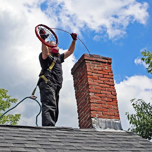 Roof technician feeding rotary cleaning equipment into a brick chimney