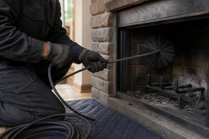 Close view of a chimney brush removing fireplace residue