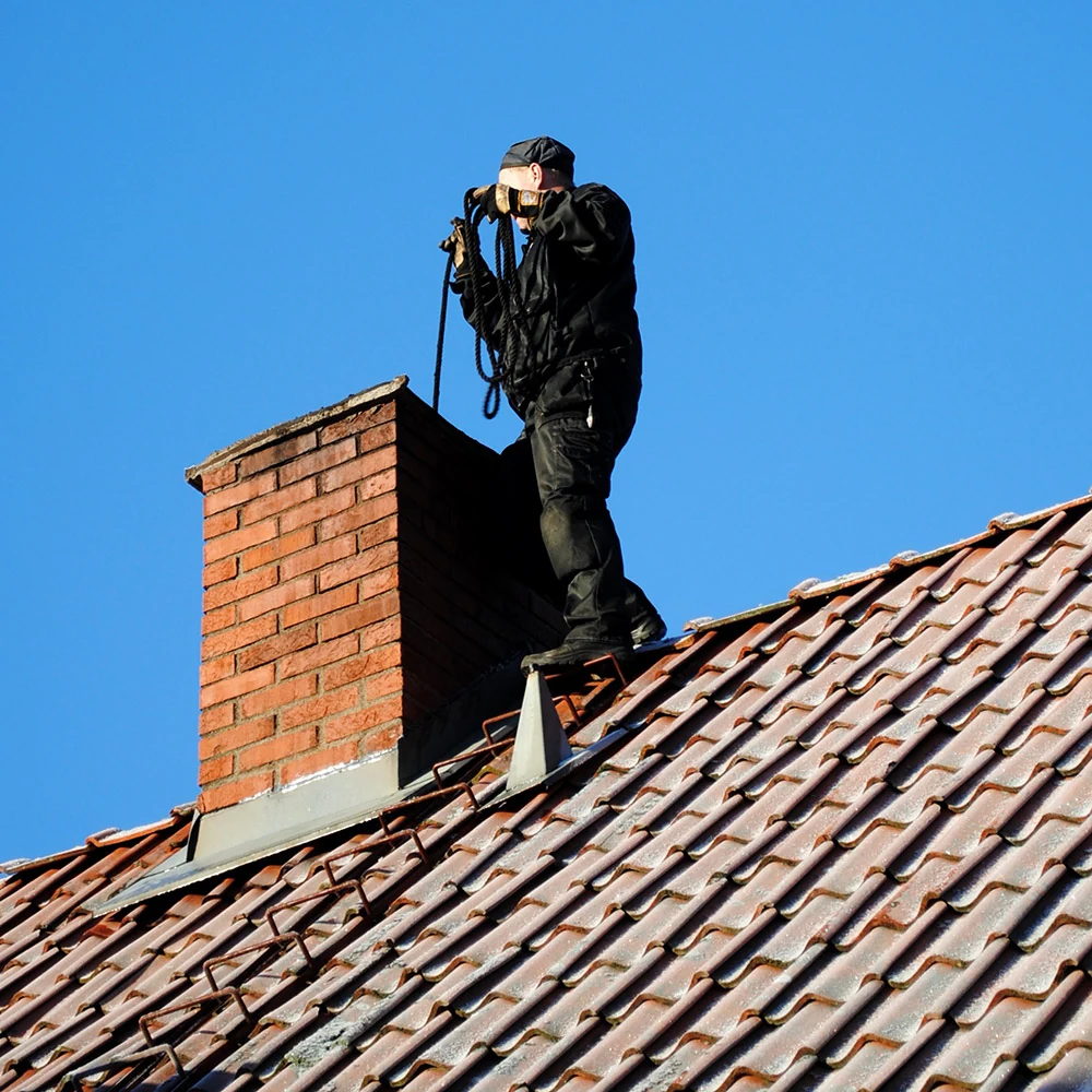 Chimney technician working beside a brick chimney on a residential roof