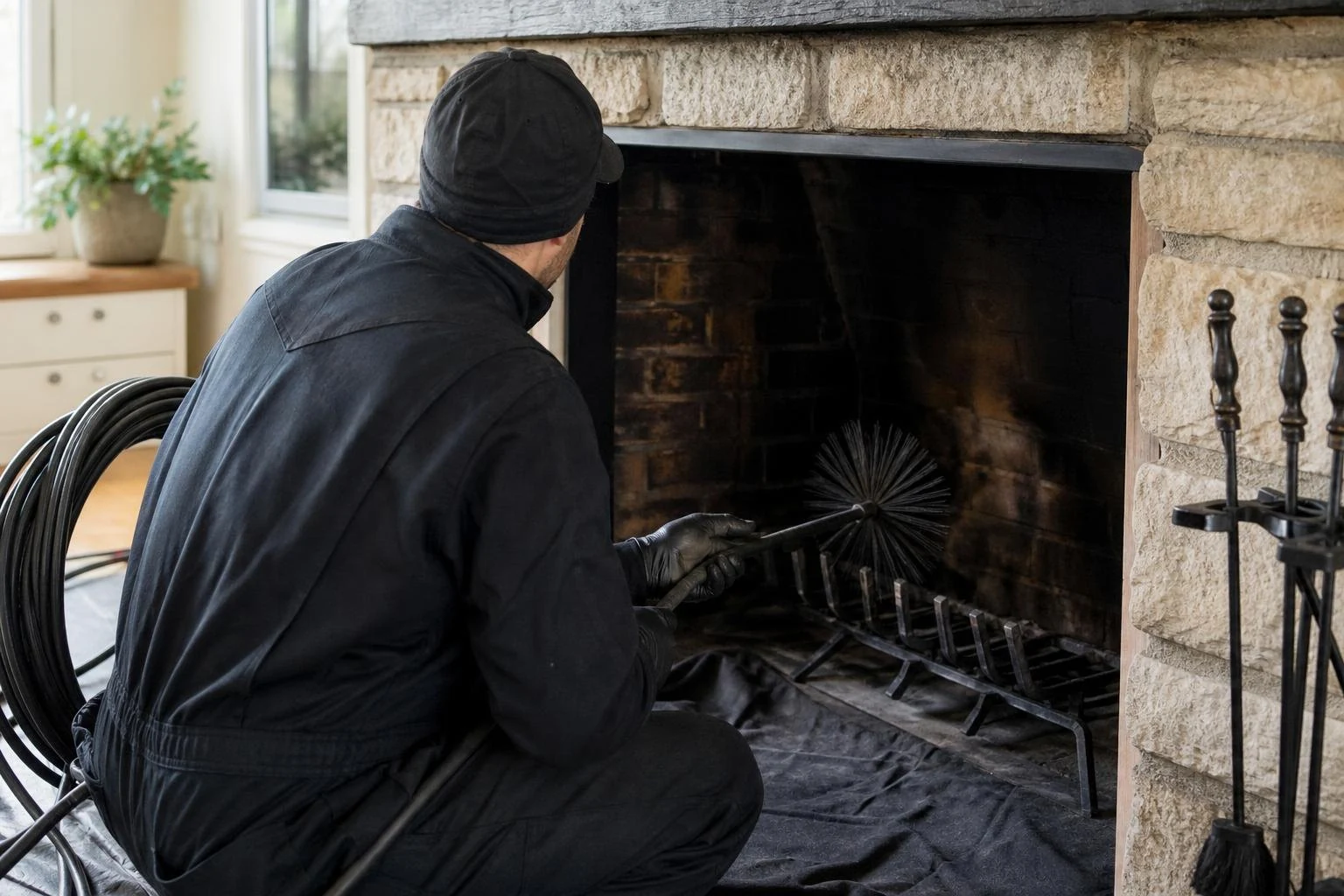 Chimney sweep brushing the interior of a stone fireplace