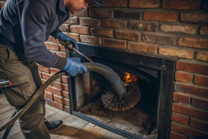 Technician brushing and vacuuming a residential fireplace flue