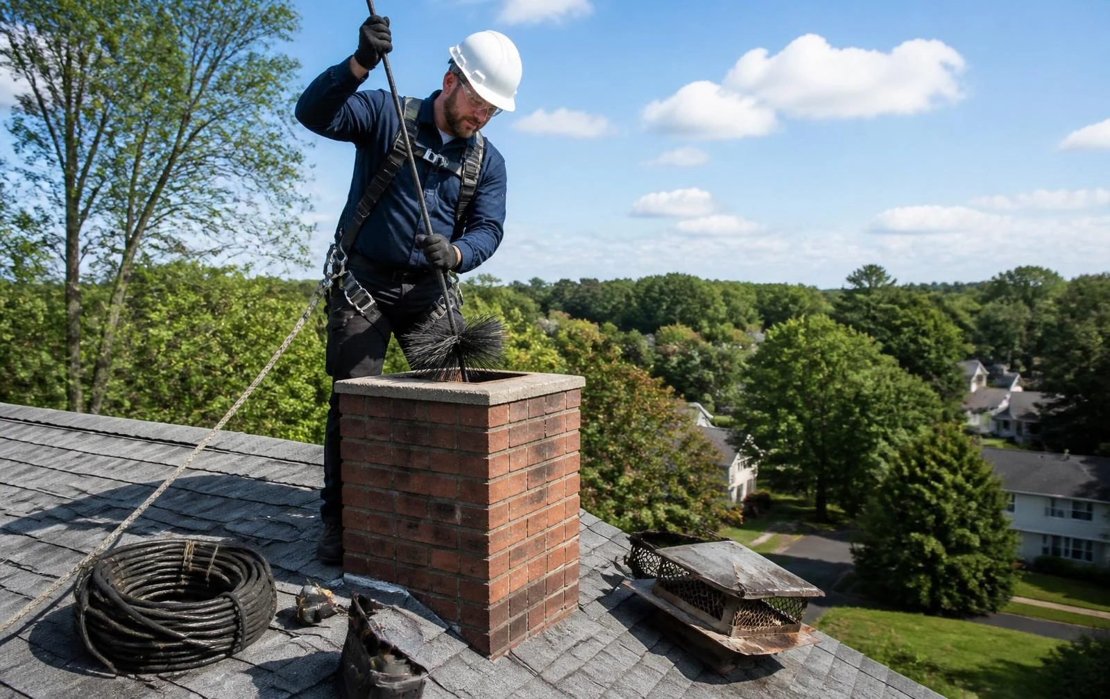 Chimney sweep professional servicing a brick chimney on a residential roof