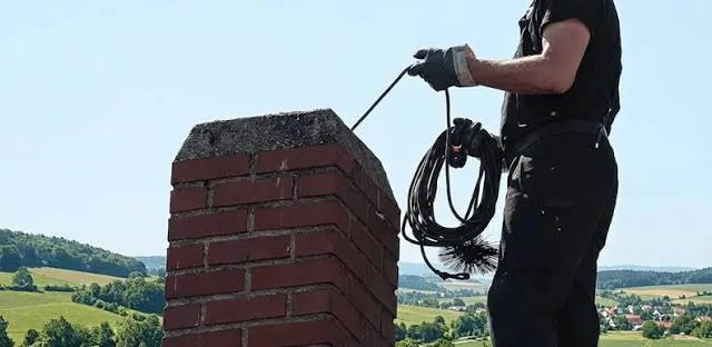 Technician brushing a masonry chimney from a residential rooftop
